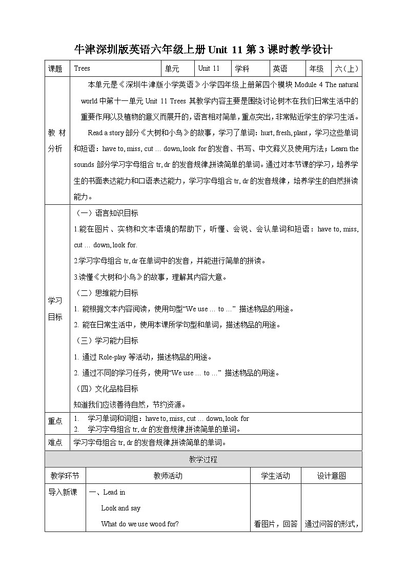 牛津深圳版英语六上Unit 11《 Trees Read a story Learn the sounds》课件+教案+分层练习01