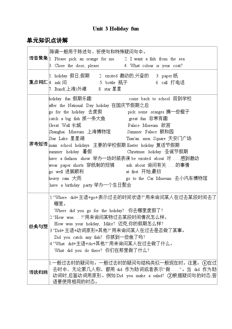 Unit 3 Holiday fun-【弯道超车】译林版（三起）暑假新六年级英语 单元知识点讲解+例题精炼（含答案）