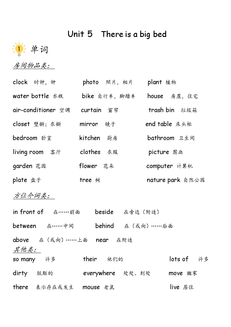 Unit 5 There is a big bed-人教PEP版五年级上册知识点梳理02