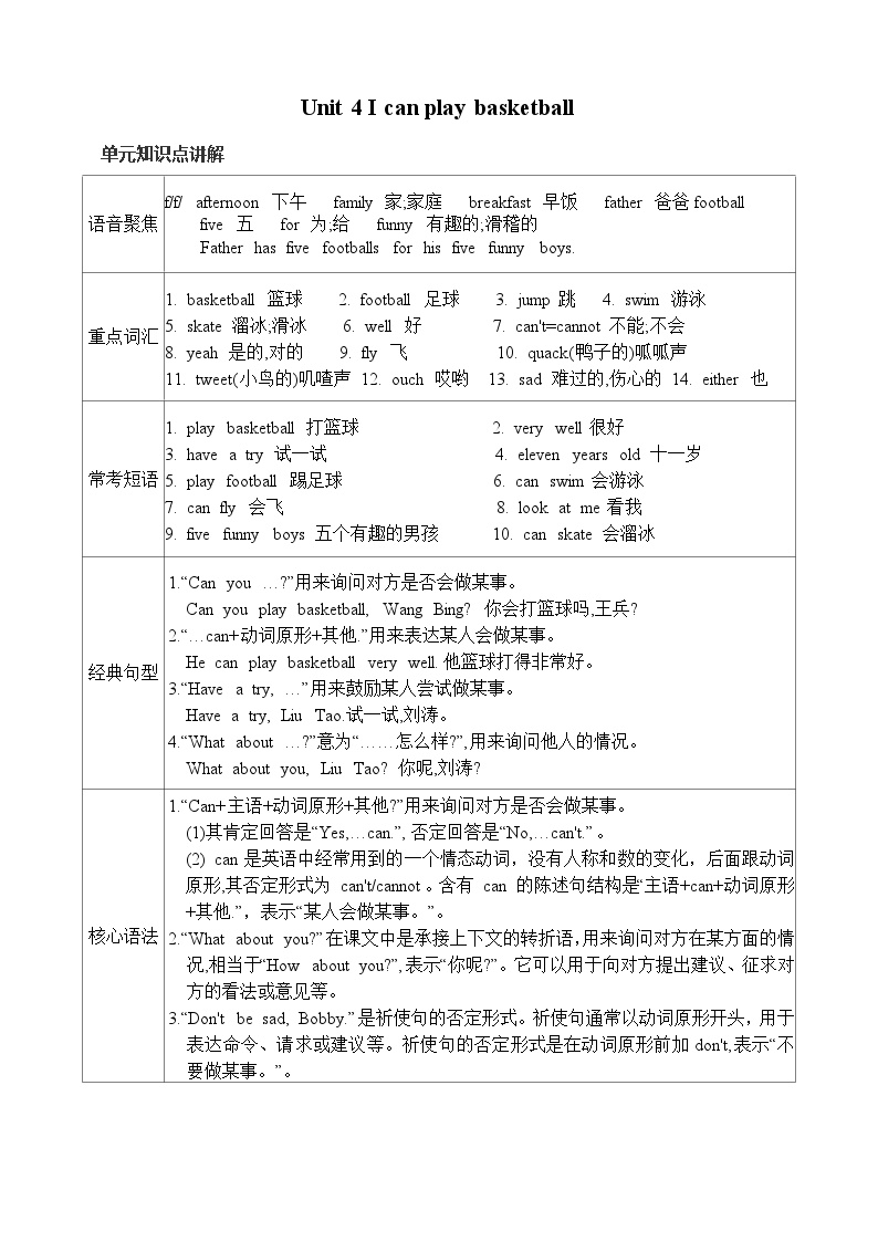 Unit 4 I can play basketball-【弯道超车】译林版（三起）暑假新四年级英语 单元知识点讲解+例题精炼（含答案）