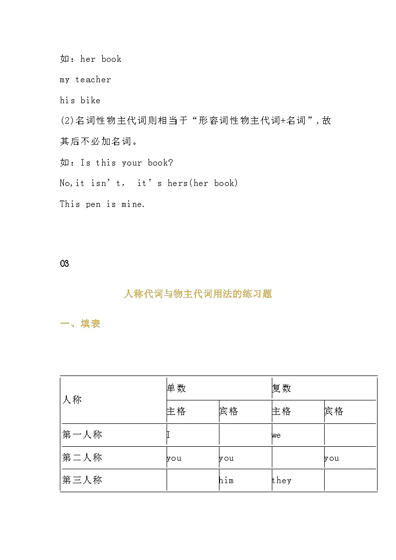 小学英语语法专项:人称代词和物主代词表格及练习含答案第3页