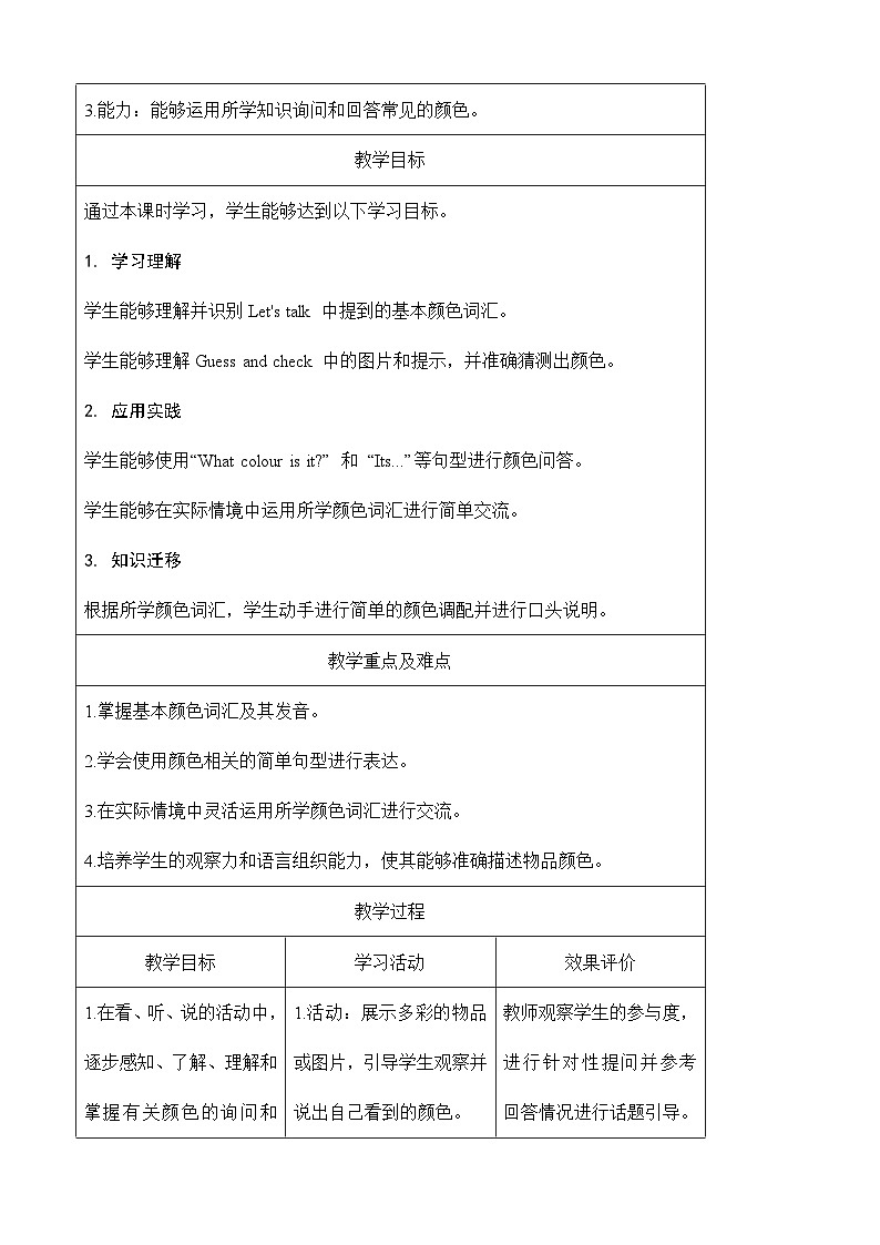 人教PEP版(2024)三年级上册英语Unit 5 The colourful world Part A+B教学设计03