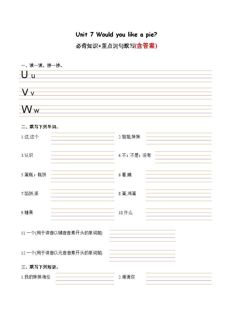 Unit 7重点词句默写+必背知识-2023-2024学年三年级英语上册单元速记·巧练（译林版三起）