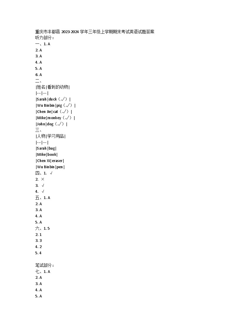 重庆市丰都县2023-2024学年三年级上学期期末考试英语试题答案第1页