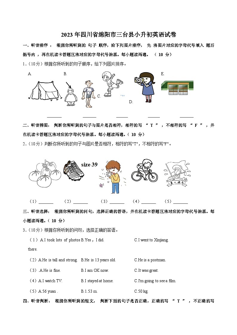 2023年四川省绵阳市三台县小升初英语试卷01