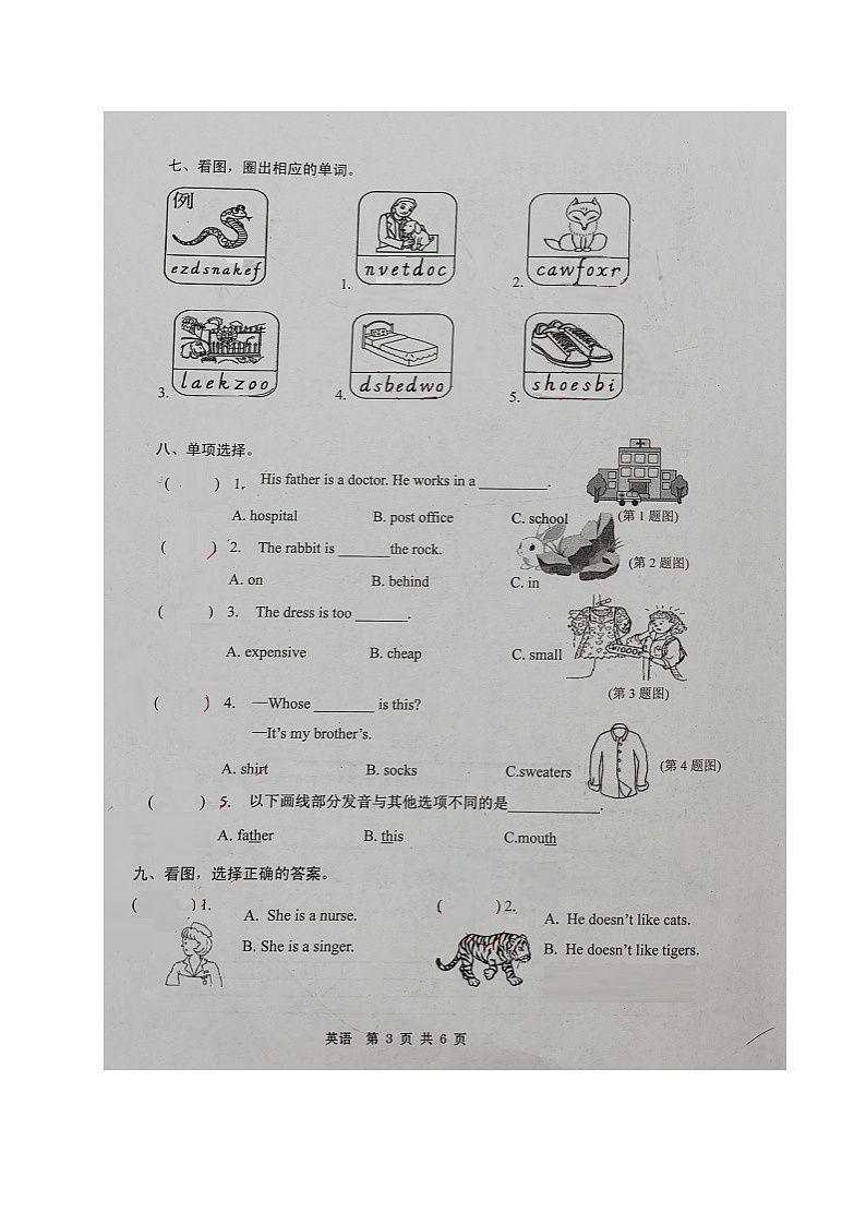 福建省宁德市霞浦县2023-2024学年五年级上学期期末英语试题第3页
