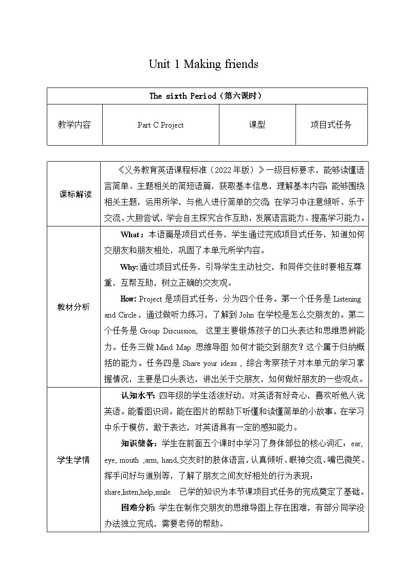 人教版PEP(2024)英语三年级上册--Unit1 Making friends Part C Project(教学设计)第1页