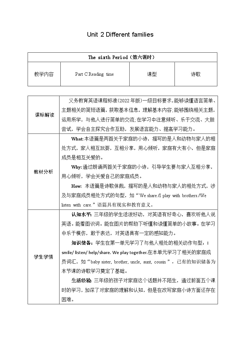 人教版PEP(2024)英语三年级上册--Unit 2 Different families Part C Reading time(教学设计)第1页