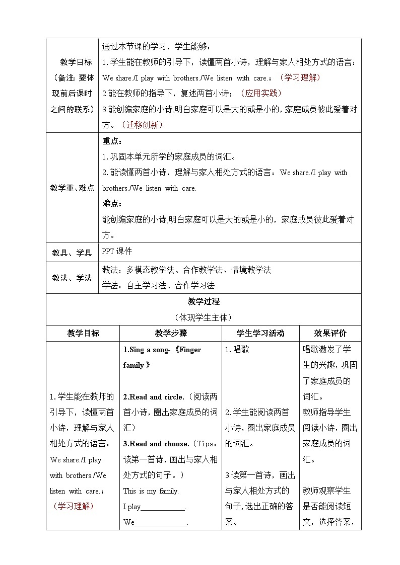 人教版PEP(2024)英语三年级上册--Unit 2 Different families Part C Reading time(教学设计)第2页