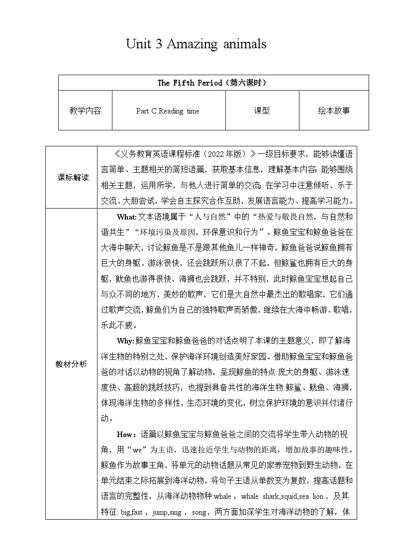 人教版PEP(2024)英语三年级上册--Unit3 Amazing animals Part C Reading time(教学设计)第1页