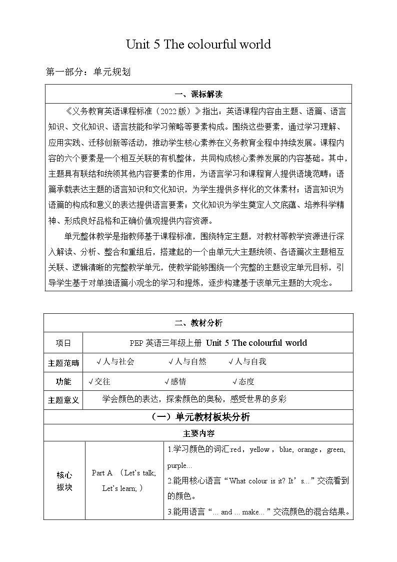 人教版PEP(2024)英语三年级上册--Unit 5 The colourful world Part A Let's talk & let's learn(教学设计)01