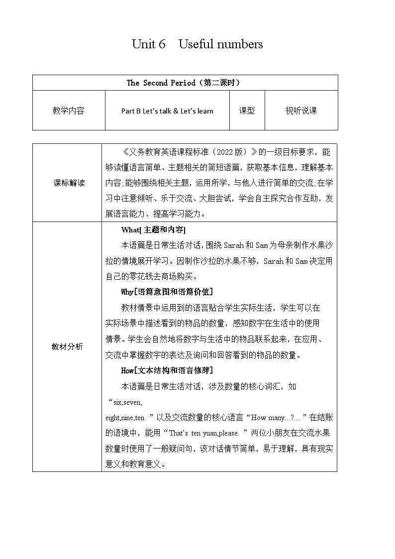 人教版PEP(2024)英语三年级上册--Unit6 Useful numbers Part B Let's talk & Let's learn(教学设计)01