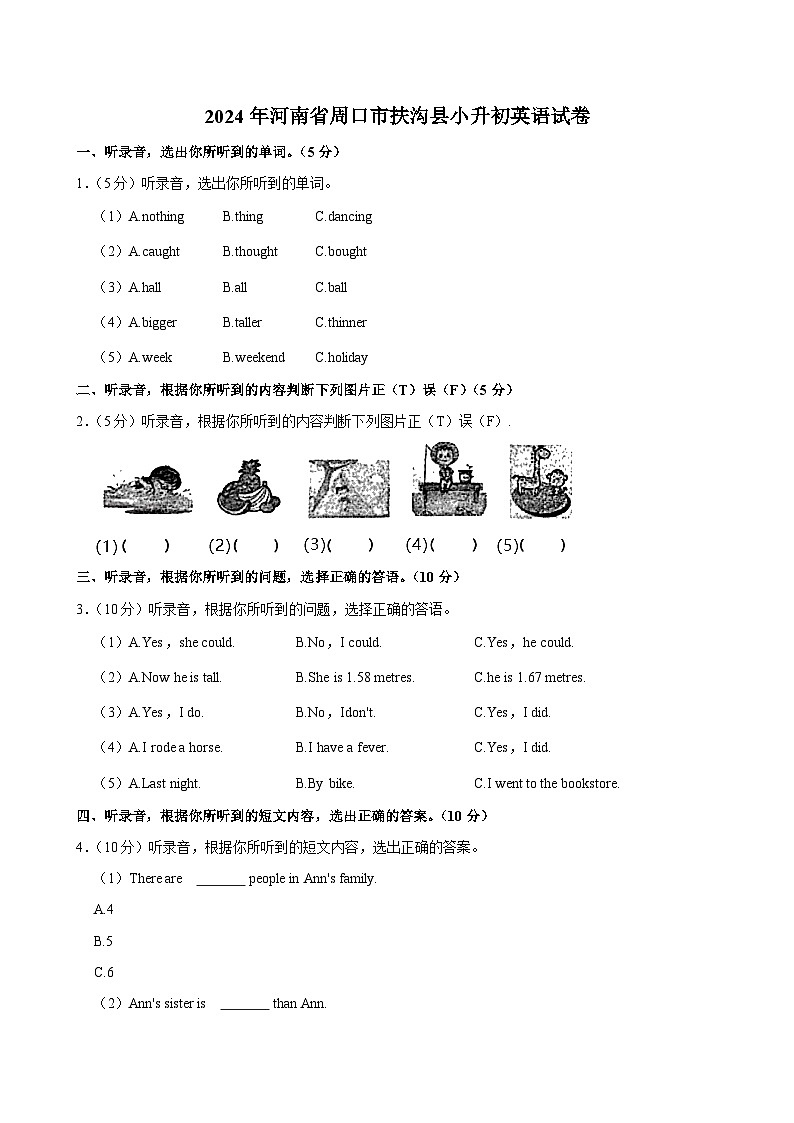 2024年河南省周口市扶沟县小升初英语试卷第1页