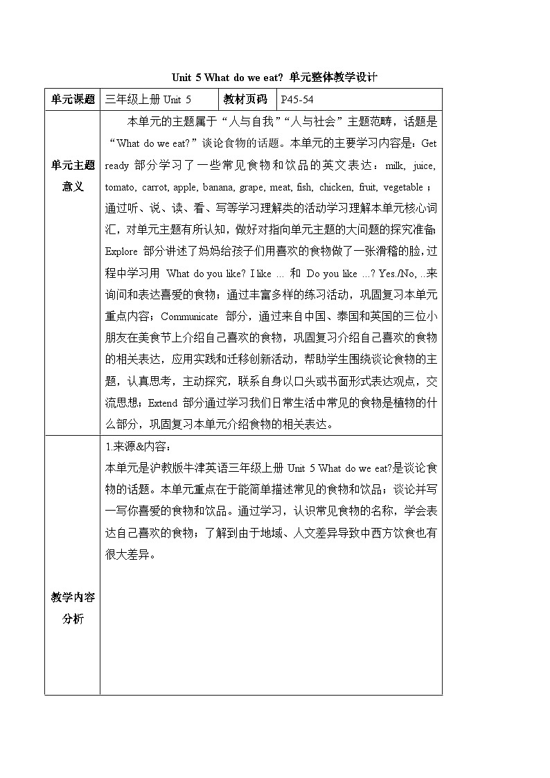 【新教材】沪教牛津版(六三制一起)英语三年级上册Unit5 What do we eat Period 2 Explore(课件+大单元教学设计)01