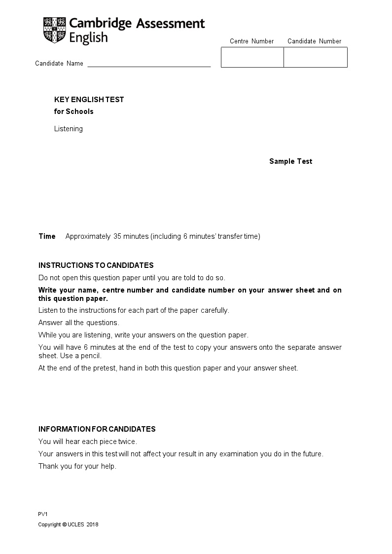 英语KET官方样题Test1- Test 2练习