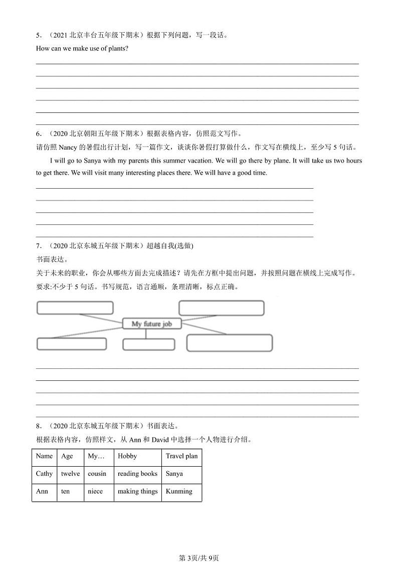 2020-2024北京五年级(下)期末真题英语汇编:提纲作文(北京版)第3页