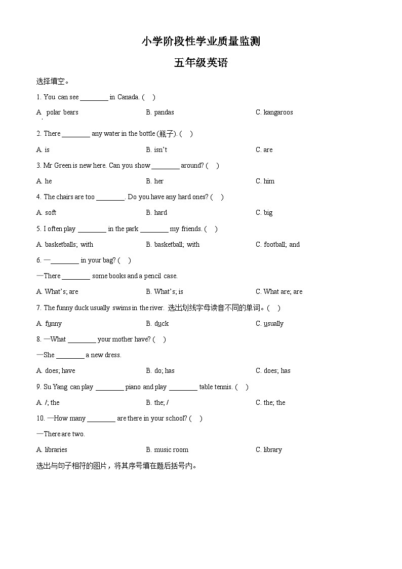 精品解析:2024-2025学年江苏省连云港市东海县译林版(三起)五年级上册期中测试英语试卷(原卷版)第1页