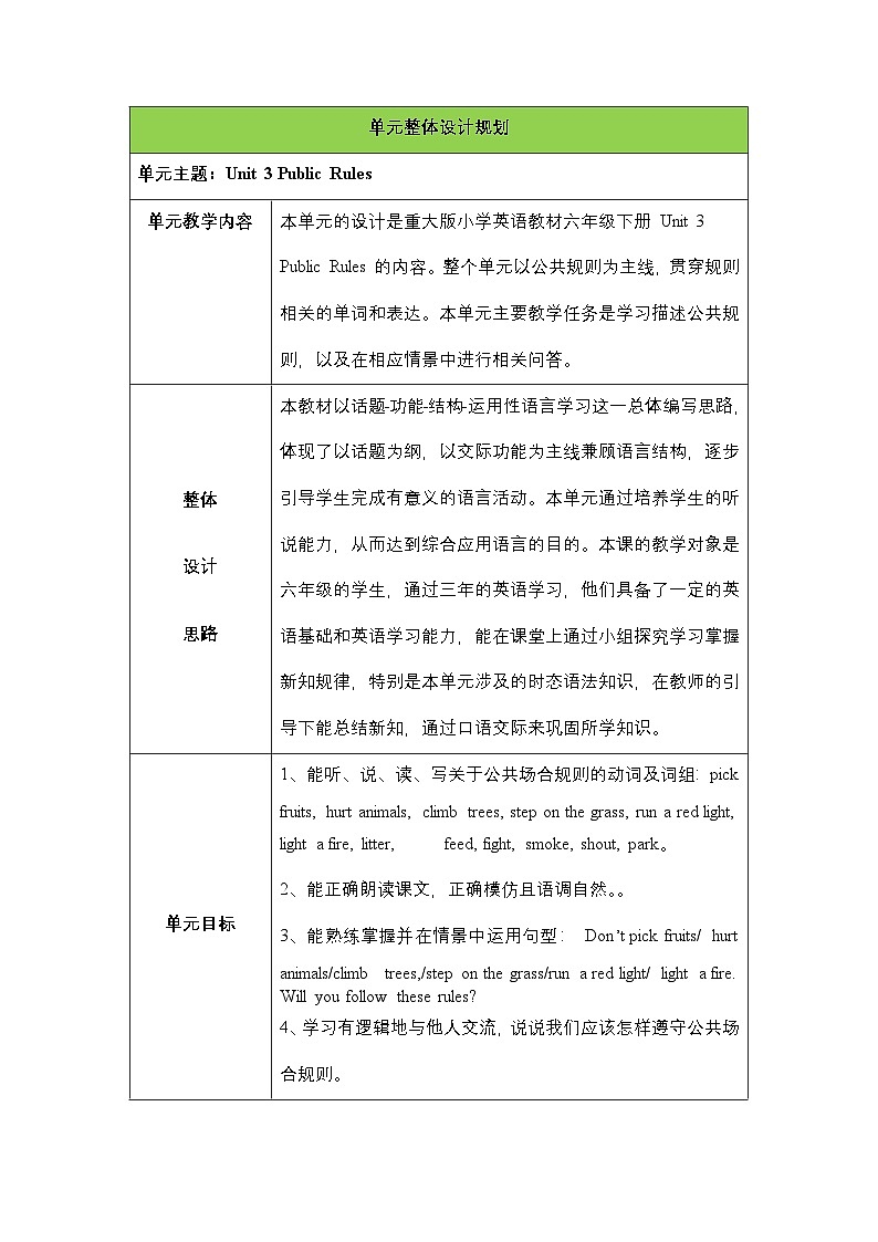 第三单元《 Unit 3 Public Rules》 Lesson 1大单元教案-2022-2023学年六年级英语下册(重大版)第1页