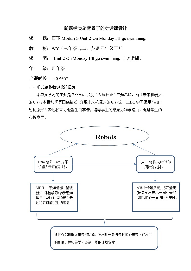 外研版(三起)英语四下 Module 3 Unit 2《On Monday I'll go swimming》单元教案第1页