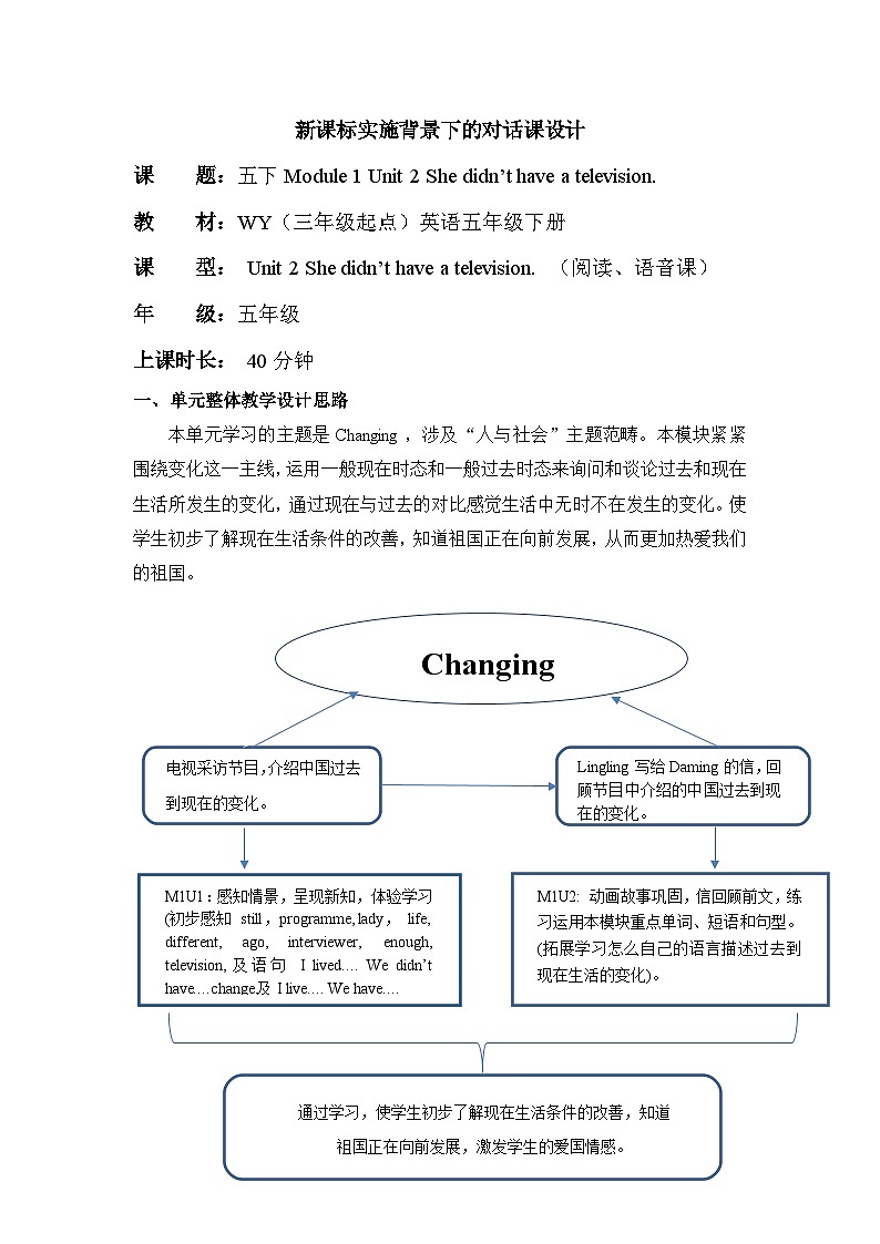 外研版(三起)英语五下 Module 1 Unit 2《She didn't have a television》单元教案第1页