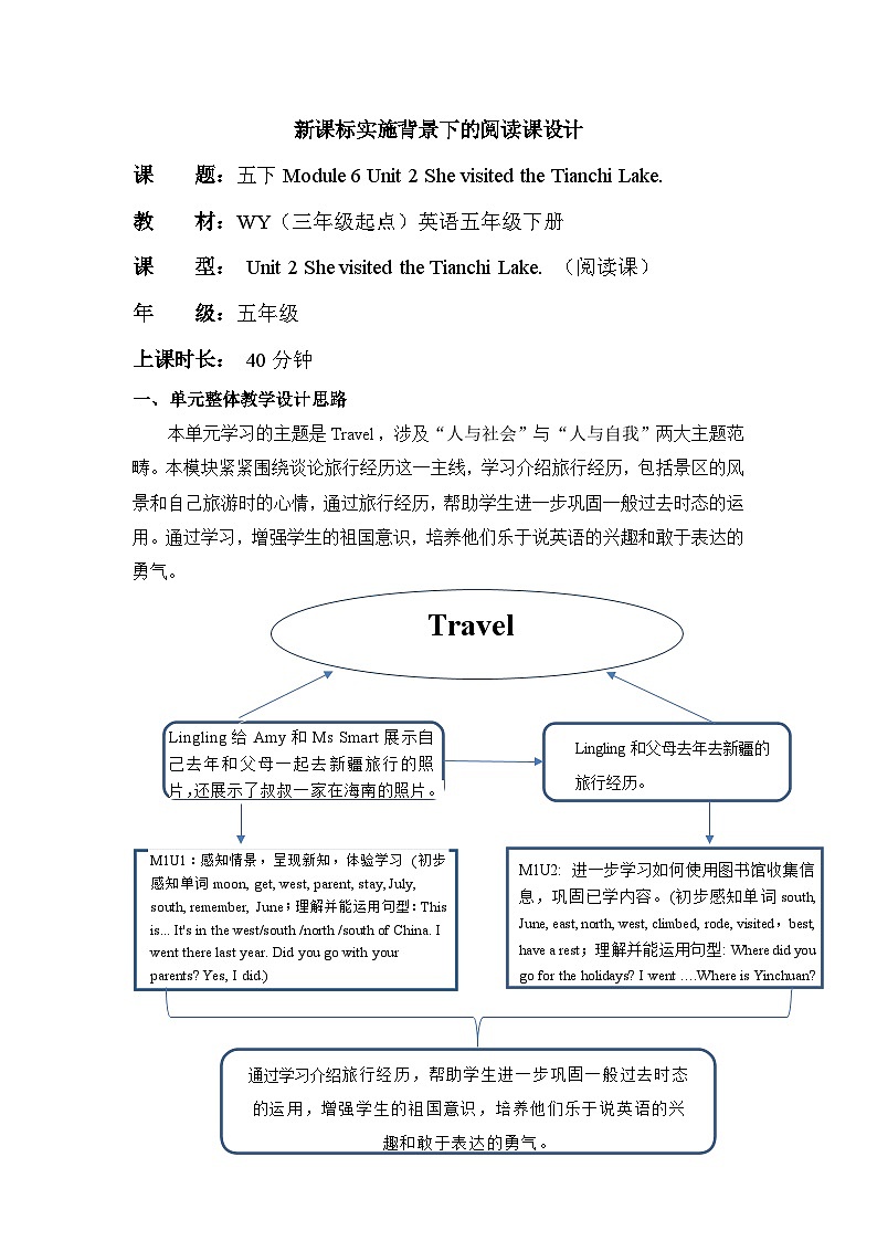 外研版(三起)英语五下 Module 6 Unit 2《She visited the Tianchi Lake 》单元教案第1页