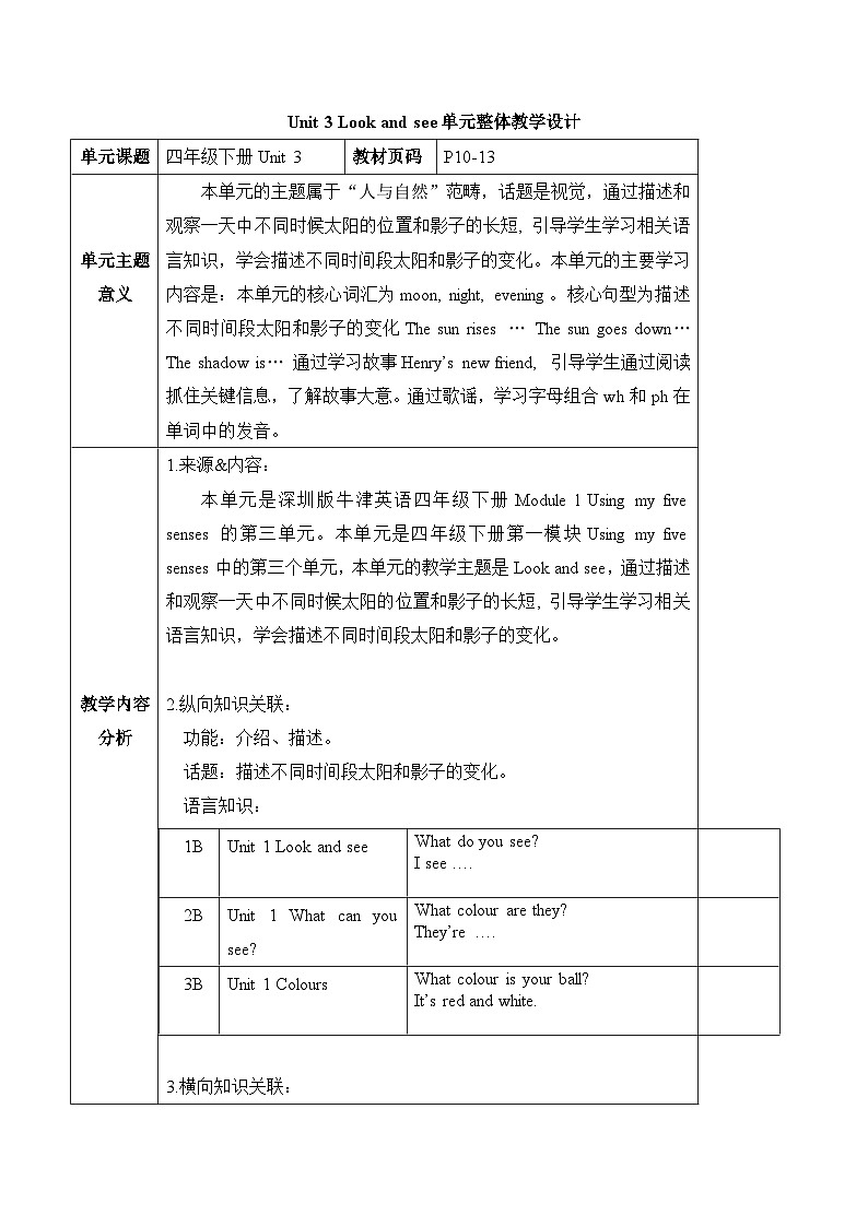 沪教牛津版(六三制一起)四下 Module 1 Unit 3《Look and see》Period 2 单元教案第1页