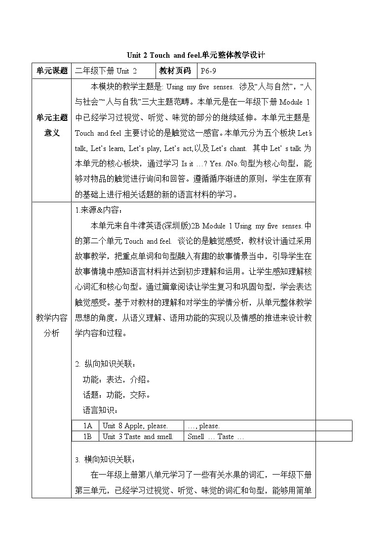 沪教牛津版(六三制一起)二下 Module 1 Unit 2《Touch and feel》Period 1 单元教案第1页