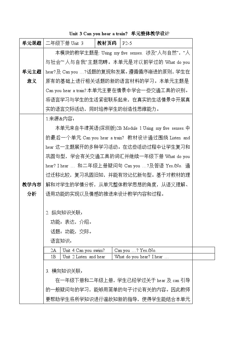 沪教牛津版(六三制一起)二下 Module 1 Unit 3《Can you hear a train》Period 2 单元教案第1页