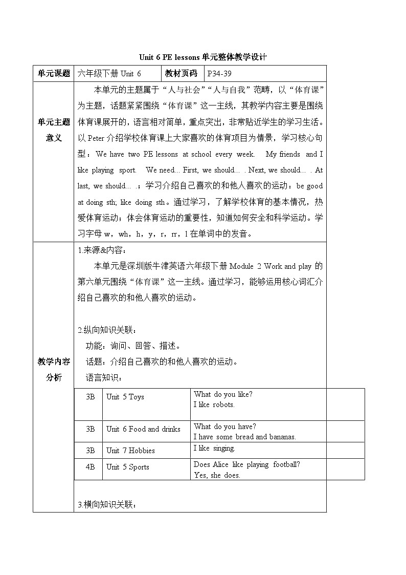 沪教牛津版(六三制一起)一下 Module 2 Unit 6《PE lessons》Period 1 单元教案第1页