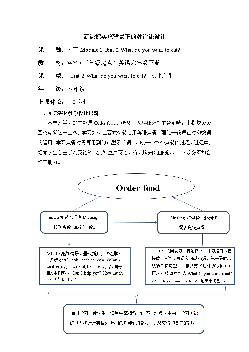 外研版(三起)英语六下 Module 1 Unit 2《What do you want to eat?》单元教案第1页