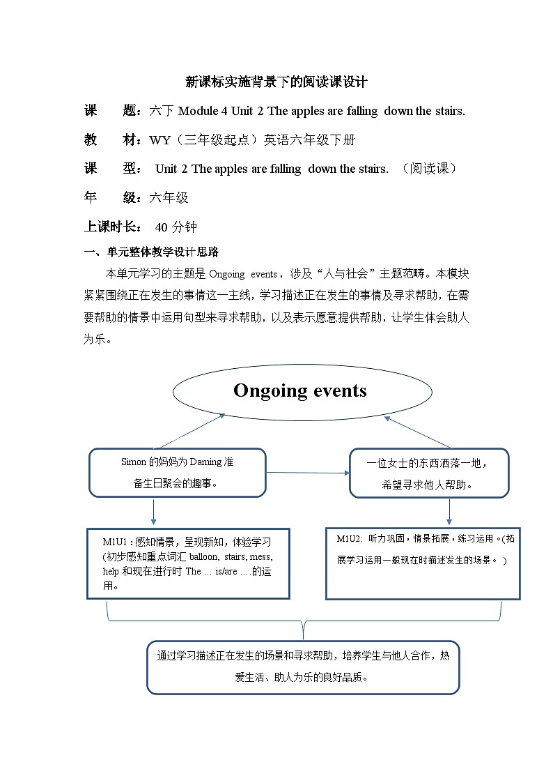 外研版(三起)英语六下 Module 4 Unit 2《The apples are falling down the stairs》单元教案第1页