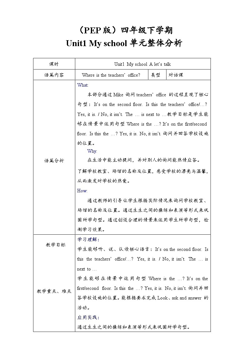 人教PEP英语四下 Unit1 My school A let's talk 单元教案第1页