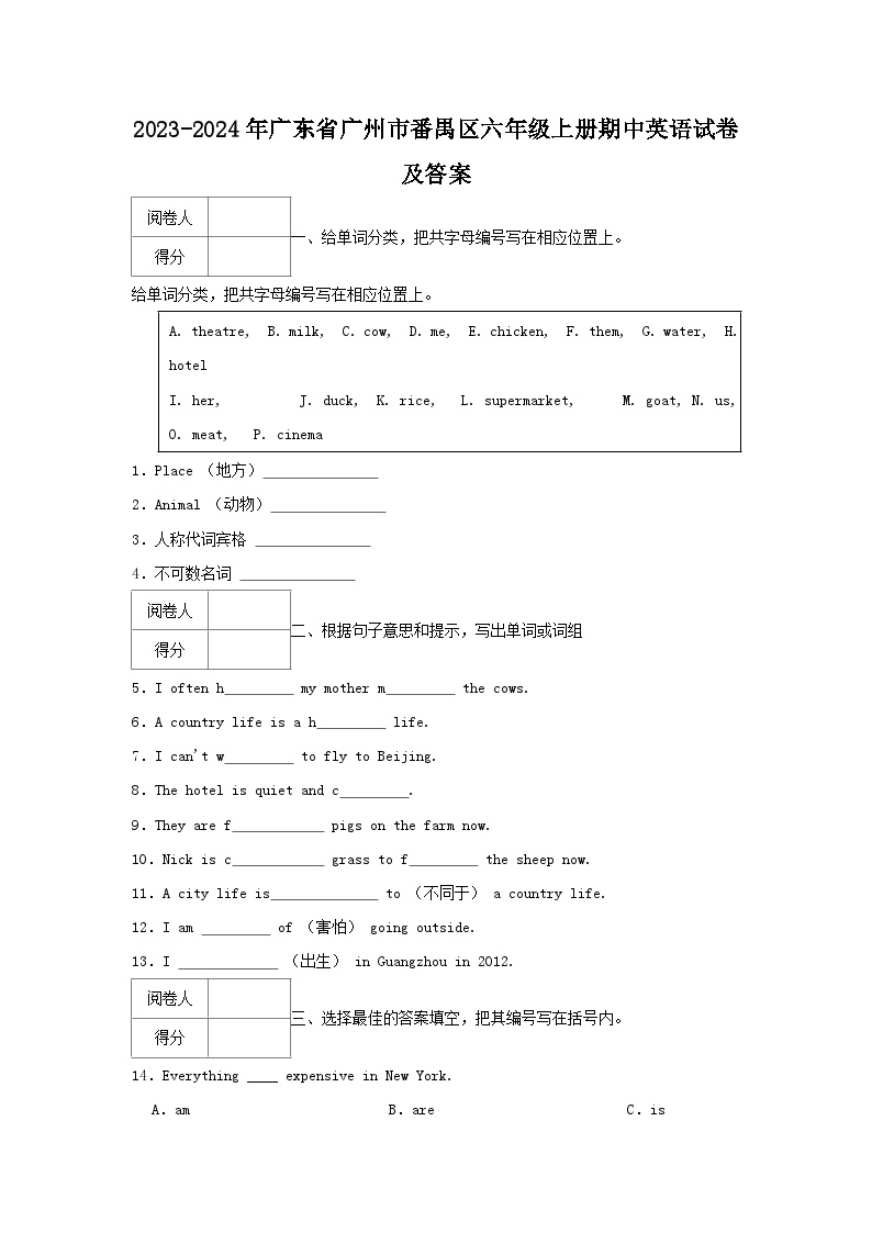 2023-2024年广东省广州市番禺区六年级上册期中英语试卷及答案