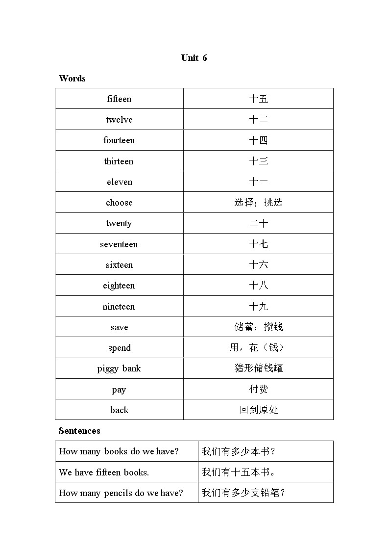 新人教版小学英语三年级下册Unit6Numbers in life 单元知识梳理第1页