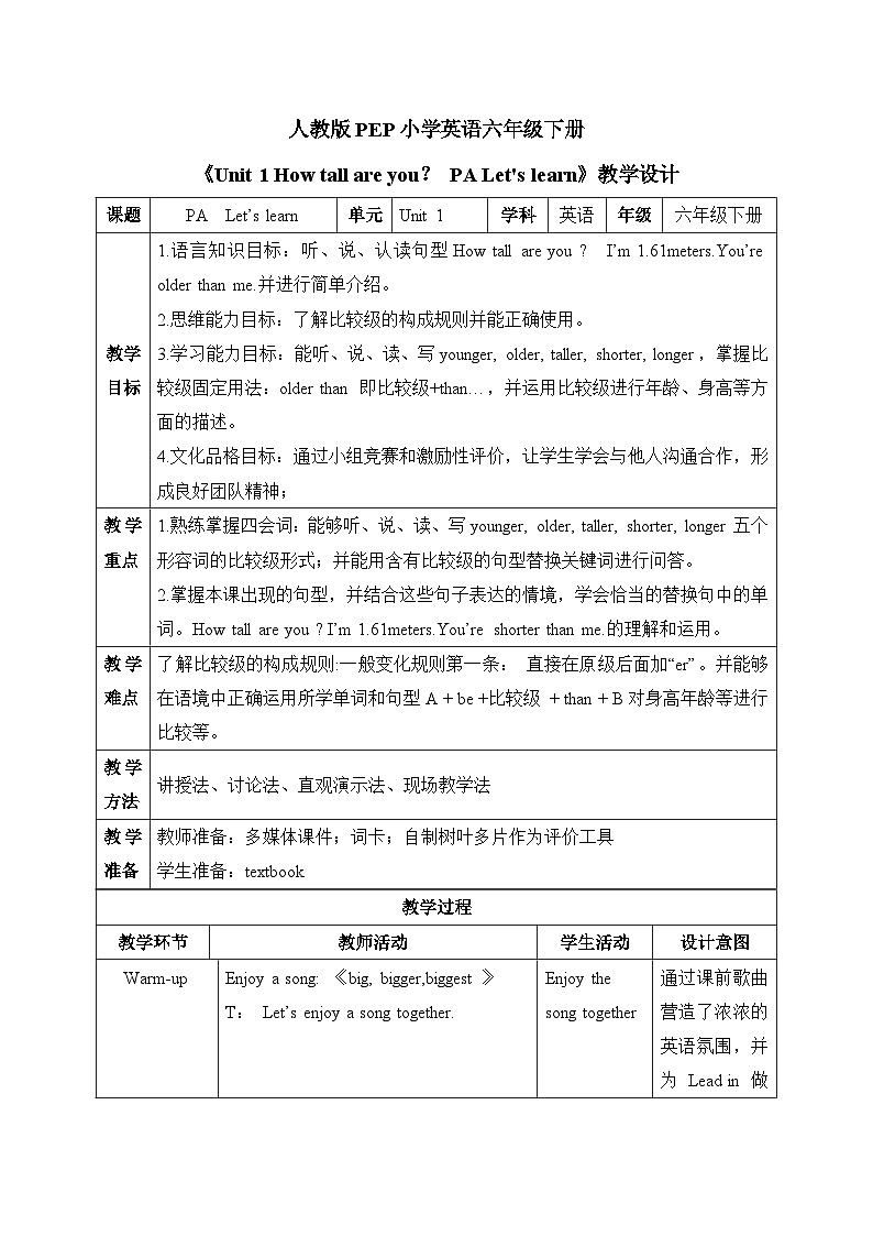 【核心素养-精品公开课】PEP版小学英语六年级下册 《Unit 1 How tall are you PA Let's learn》教案(含板书+反思)第1页