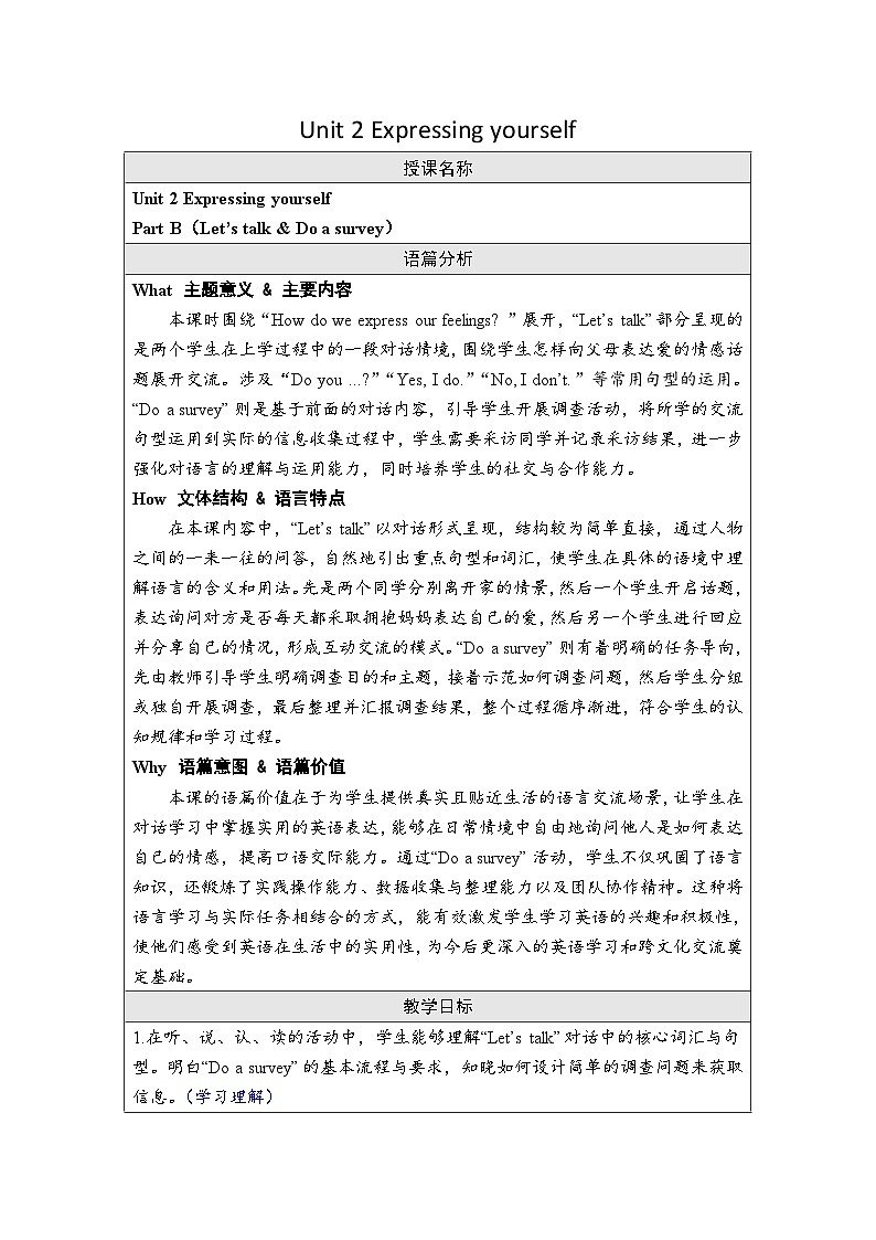 Unit 2 Expressing yourself Part B(Let’s talk & Do a survey)(教案)-2024-2025学年人教PEP版(2024)英语三年级下册第1页