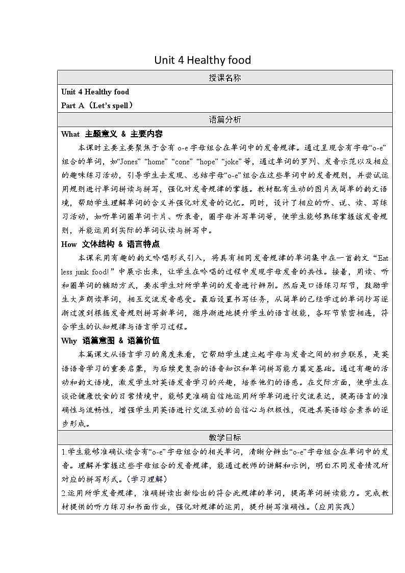 Unit 4 Healthy food Part A(Let’s spell)(教案)-2024-2025学年人教PEP版(2024)英语三年级下册第1页