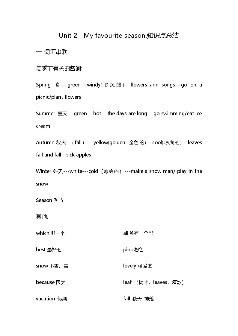 人教PEP版英语五年级下册 素材Unit2Myfavouriteseason知识点总结第1页