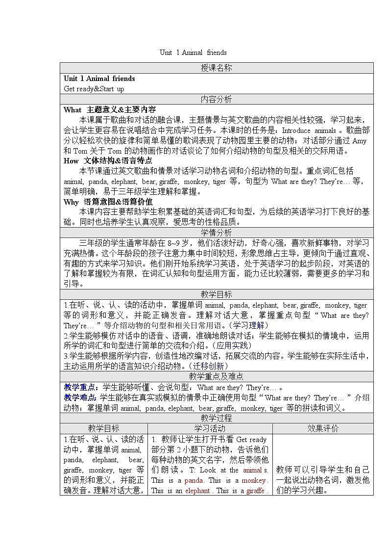 Unit 1 Animal friends Get ready&Start up(教学设计) -2024-2025学年外研版(三起2024)英语三年级下册第1页
