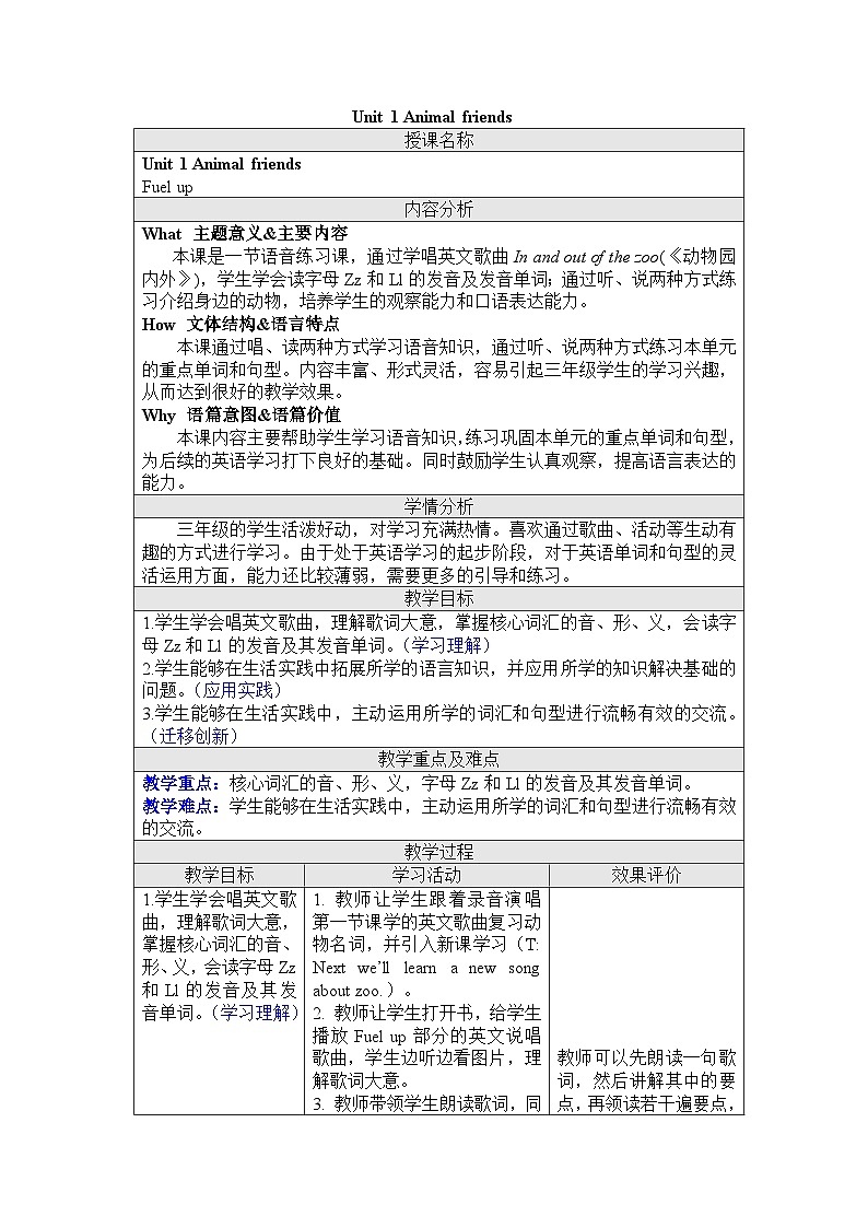 Unit 1 Animal friends.Fuel up(教学设计) -2024-2025学年外研版(三起2024)英语三年级下册第1页