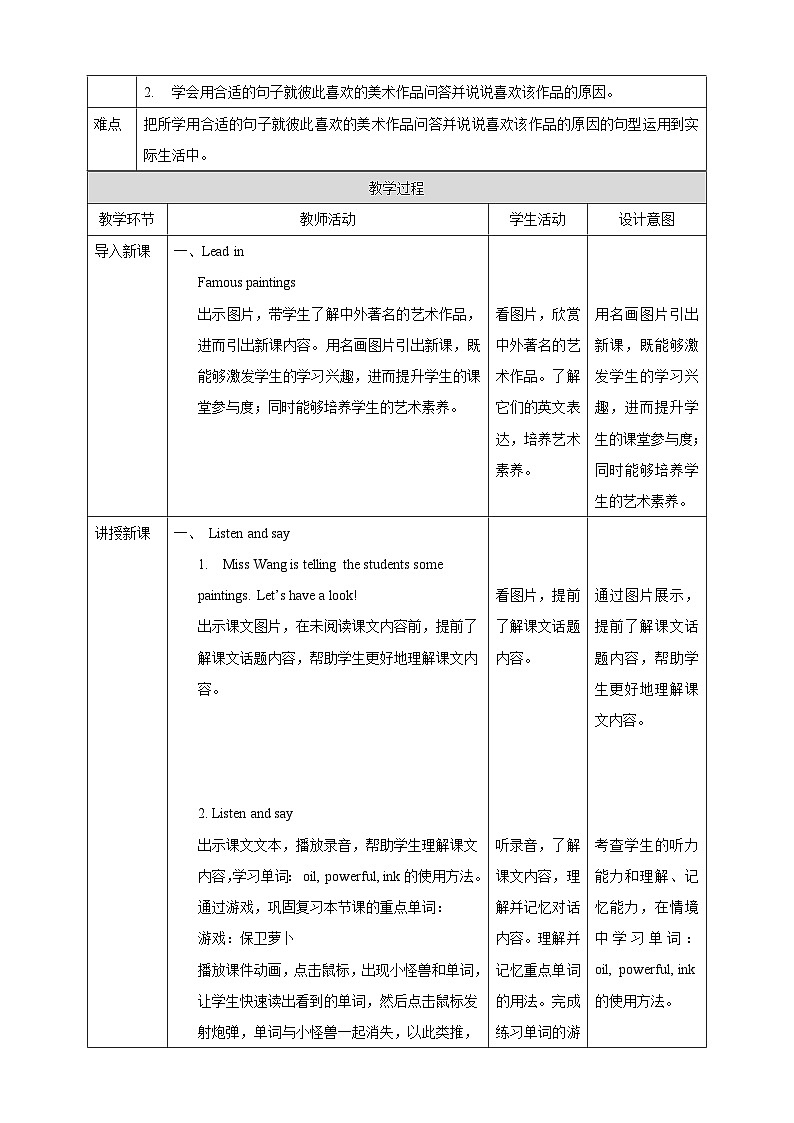 沪教牛津版(六三制一起)英语六下 Unit 4《Art》Listen and say Culture corner 教案第2页