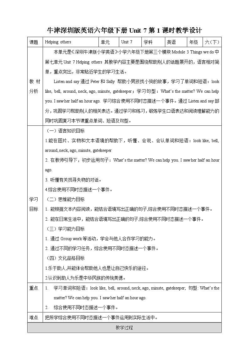 沪教牛津版(六三制一起)英语六下 Unit 7《Helping others》Listen and say Listen and enjoy 教案第1页