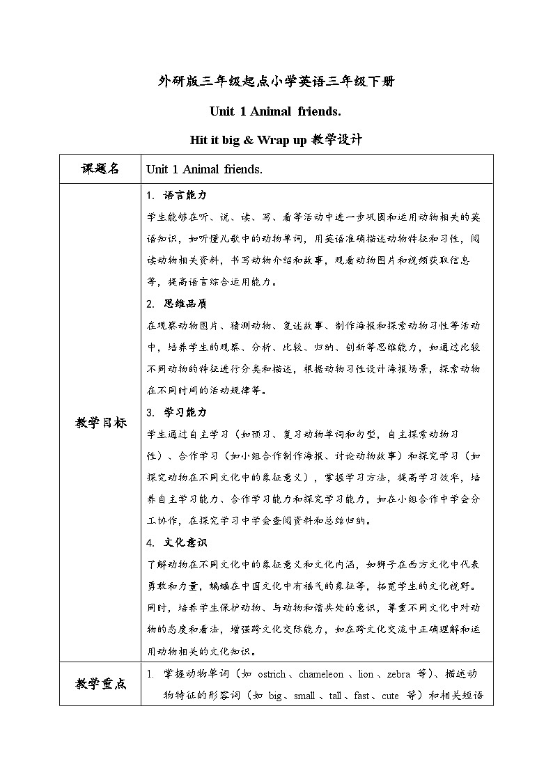 外研版三年级起点小学英语三年级下册 unit1 Animal friends.课时3教案第1页