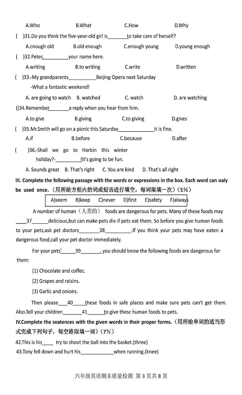 上海市浦东新区川沙镇2024-2025学年六年级上学期期末英语试题第3页