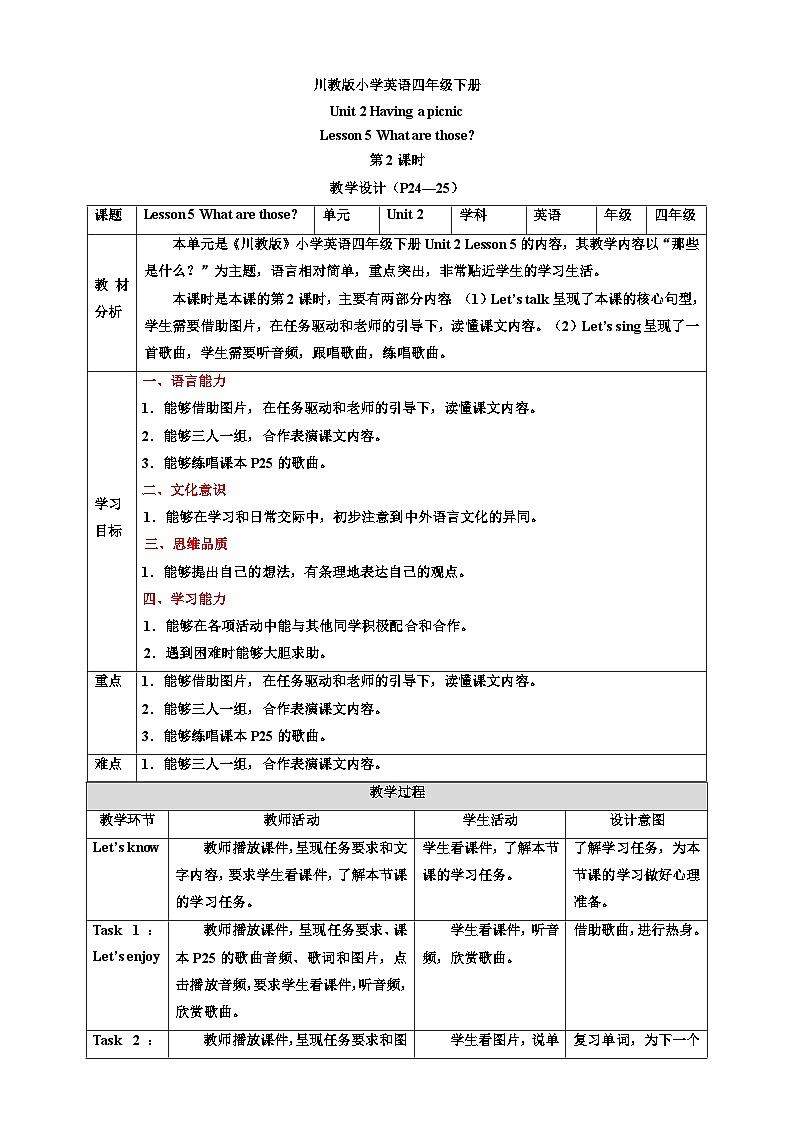 【核心素养】川教版英语四下 Unit 2 Lesson 5《What are those》第2课时 教案第1页