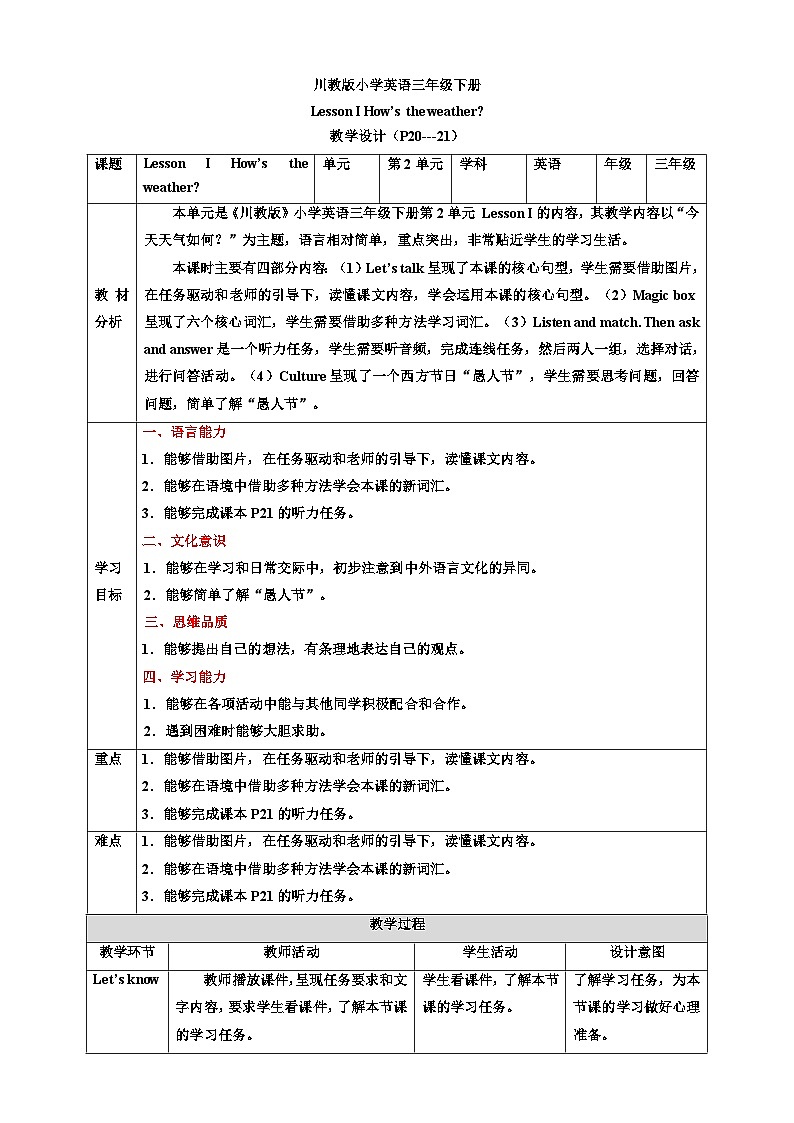 【核心素养】川教版英语三下 《Lesson I How's the weather》教案第1页
