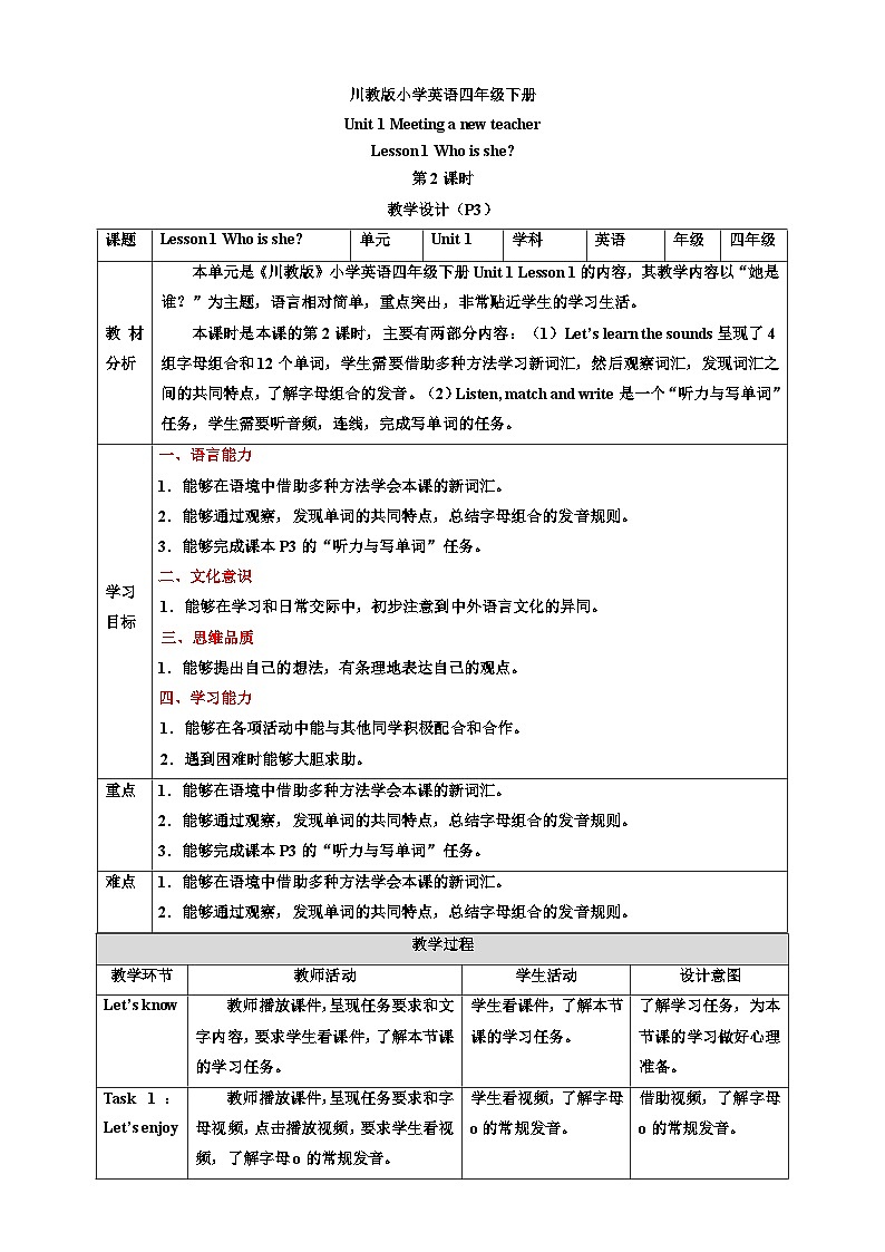 【核心素养】川教版英语四下 Unit 1 Lesson 1《Who is she》第2课时 教案第1页