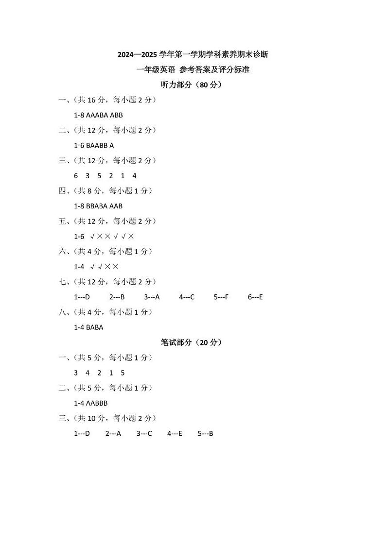 1年级英语期末诊断答案第1页