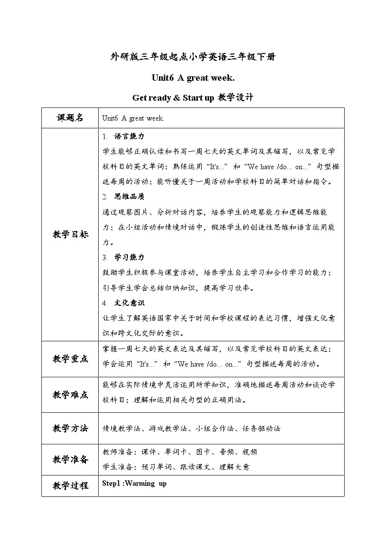外研版三年级起点小学英语三年级下册  Unit6 A great week第1课时教案第1页