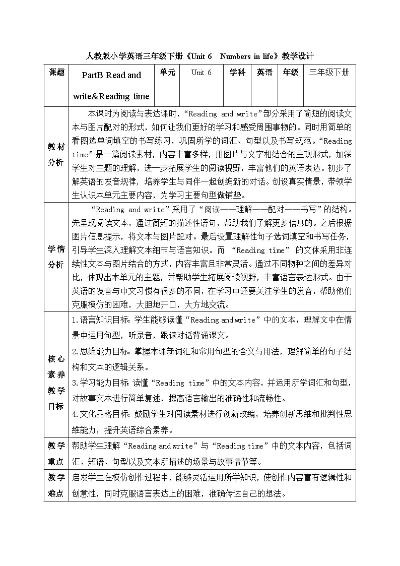 【备课无忧】人教版三下-U6 PB Read and write&Reading time(教案)第1页